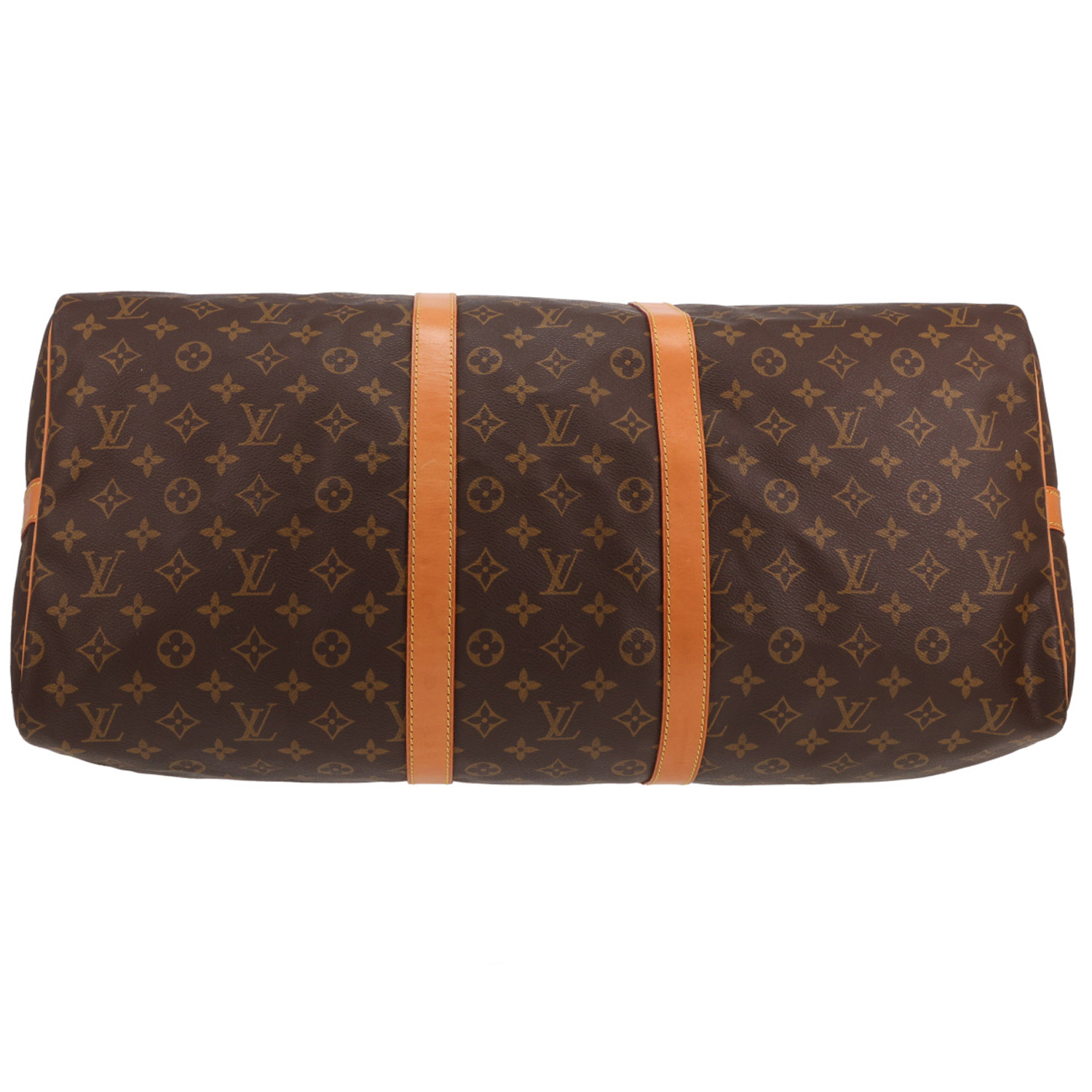Bolsa de viaje Louis Vuitton Keepall 55 de lona Monogram marrón y piel natural - Detail D1