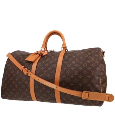 Borsa da viaggio Louis Vuitton Keepall 55 in tela Monogram marrone e pelle naturale