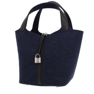 Bolso de mano Hermès  Picotin 22 cm en cuero swift negro y fieltro azul indigo