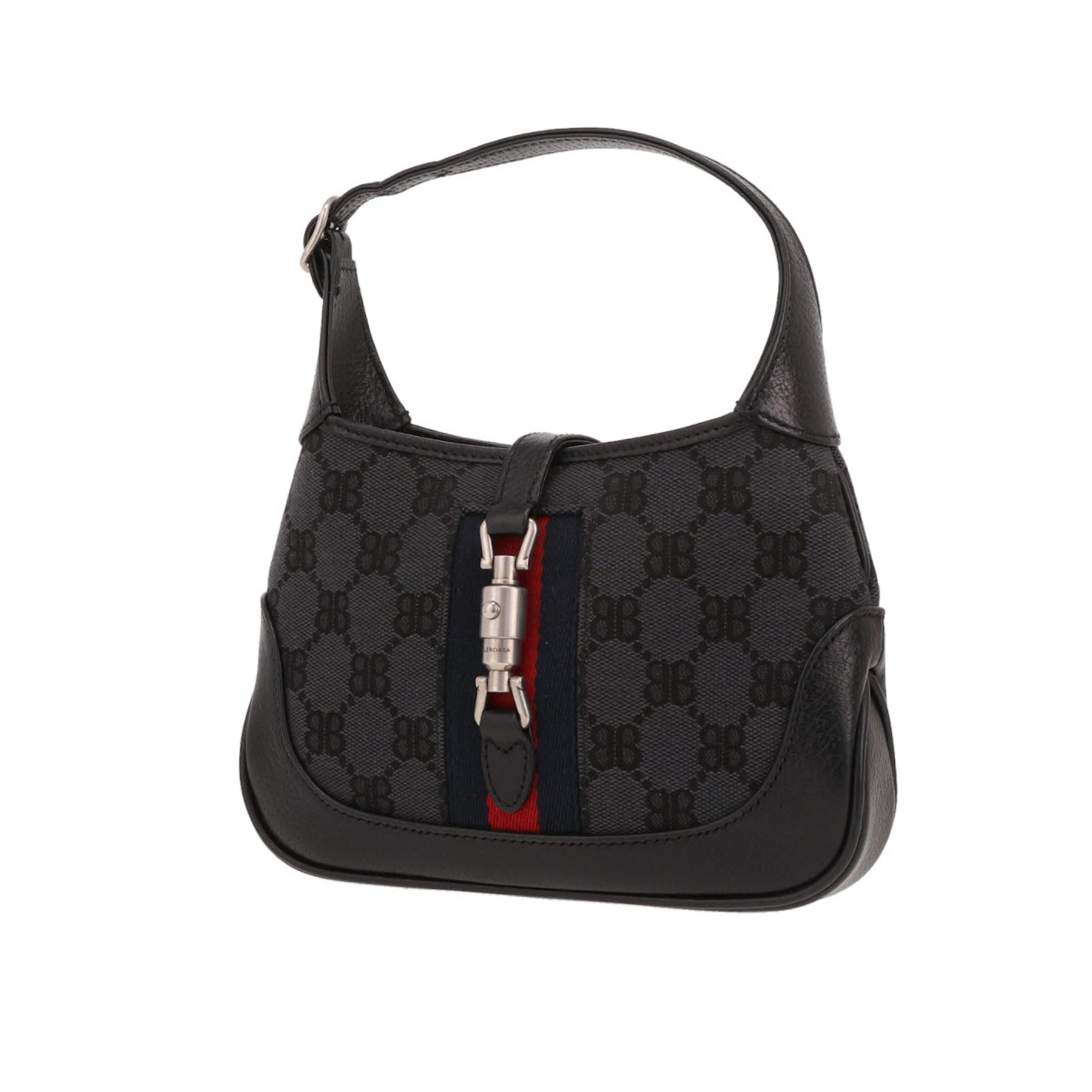 Bolso bandolera Balenciaga  x Gucci Jackie en lona monogram negra y cuero negro - Detail D4