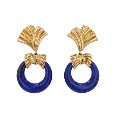 Van Cleef & Arpels  earrings for non pierced ears in yellow gold, lapis-lazuli, rock crystal and mother of pearl