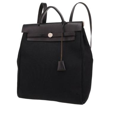 Zaino Hermès  Herbag - Backpack in tela nera e pelle nera