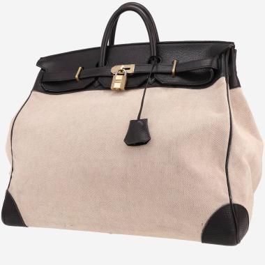 Sac de voyage Hermès  Haut à Courroies en cuir noir et toile beige