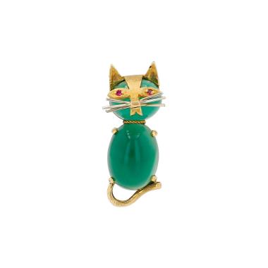 Vintage brooch in yellow gold, chrysoprase and rubies