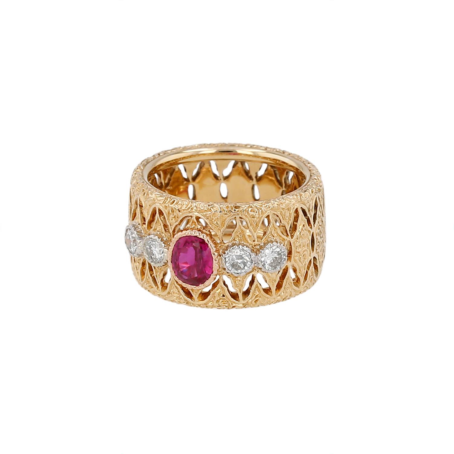 Bague Buccellati années 1970 or jaune diamants rubis occasion