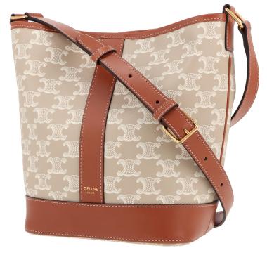 Bolso bandolera Celine  Seau modelo pequeño  en tejido "Triomphe" blanco y cuero marrón