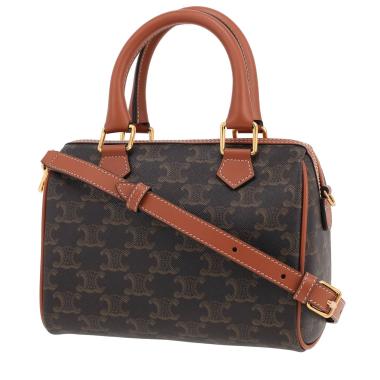 Bolso de mano Celine  Boston modelo pequeño  en tejido "Triomphe" y cuero marrón