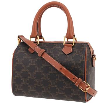 Bolso de mano Celine  Boston modelo pequeño  en tejido "Triomphe" y cuero marrón