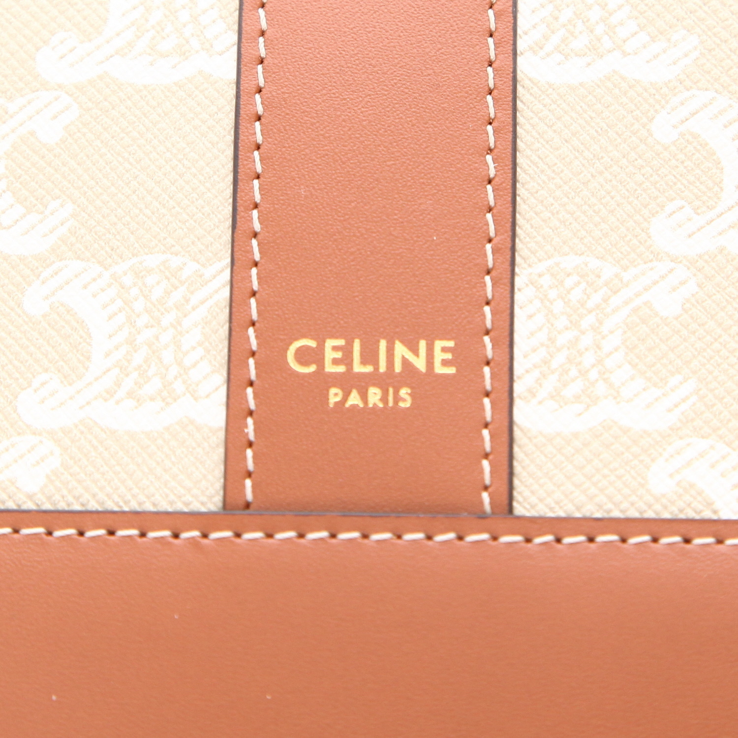 Celine  Seau small model  shoulder bag  in white "Triomphe" canvas  and brown leather - Detail D2