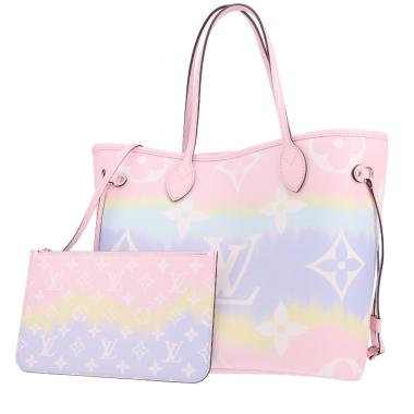 Sac cabas Louis Vuitton  Neverfull Editions Limitées en toile monogram rose, violette bleue et jaune et cuir rose
