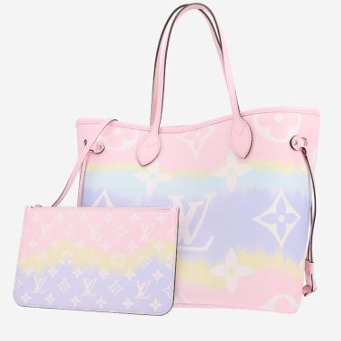 Sac cabas Louis Vuitton  Neverfull Editions Limitées en toile monogram rose, violette bleue et jaune et cuir rose
