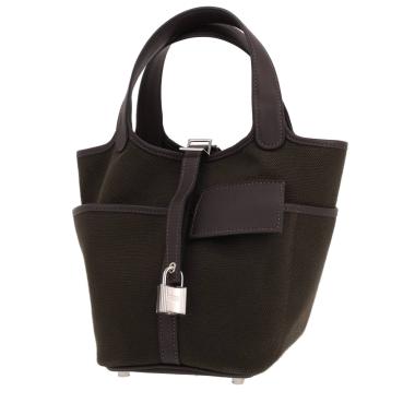 Bolso de mano Hermès  Picotin 26 cm en lona caqui y cuero marrón