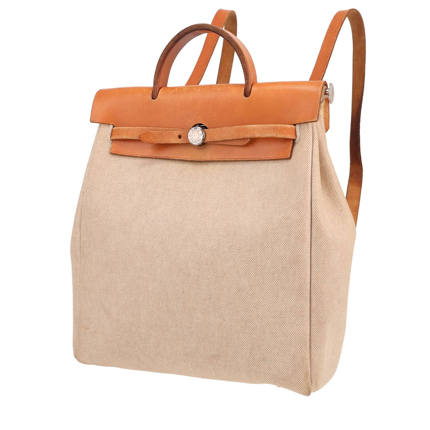 Sac à dos Hermès Herbag - Backpack en toile H beige et cuir gold