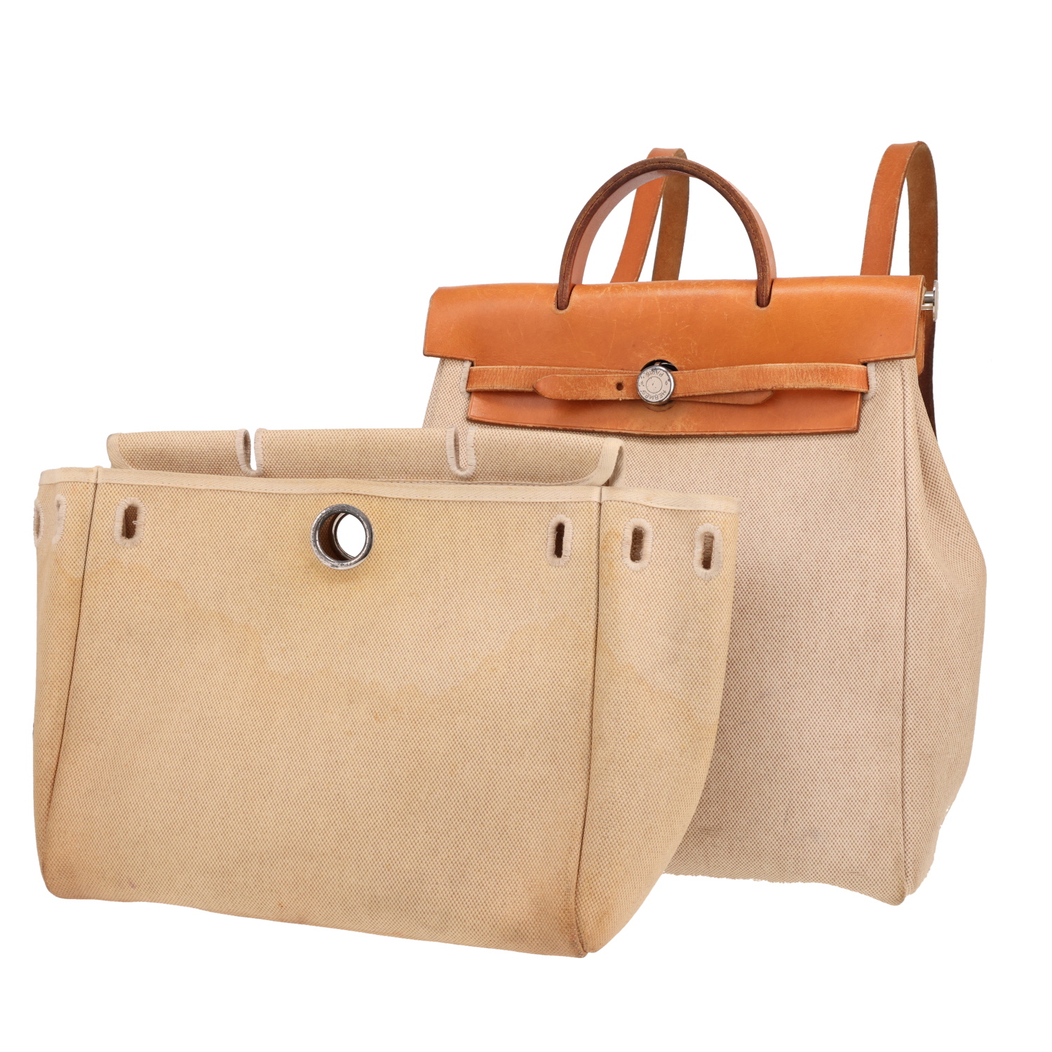 Sac à dos Hermès  Herbag - Backpack en toile H beige et cuir gold - Detail D4