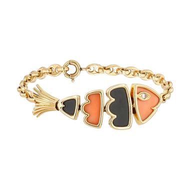Bracciale vintage anni '70 in oro giallo, Corail e onice