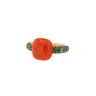 Pomellato Capri ring in yellow gold, coral and tsavorites
