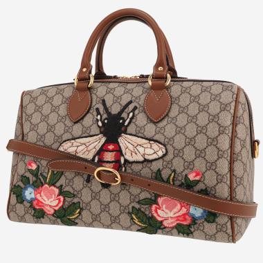 Sac à main Gucci  Boston en toile sûpreme GG beige et cuir marron