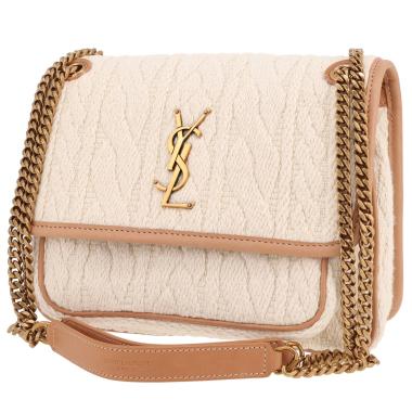 Borsa a tracolla Saint Laurent  Niki modello medio  in tessuto di lana beige e pelle marrone