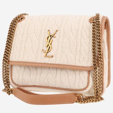 Bolso bandolera Saint Laurent  Niki modelo mediano  en tejido de lana beige y cuero marrón