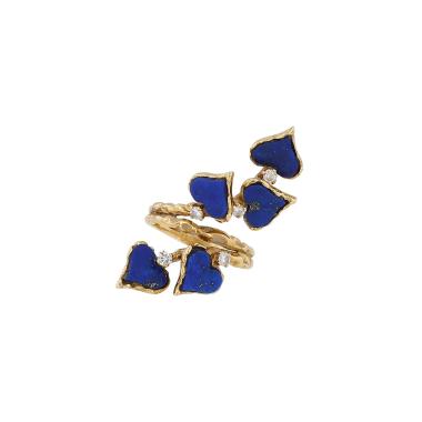 Bague années 70 Vintage en or jaune, diamants et lapis-lazuli