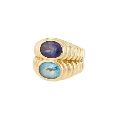 Bulgari Doppio Baccellato ring in yellow gold, iolite and topaz