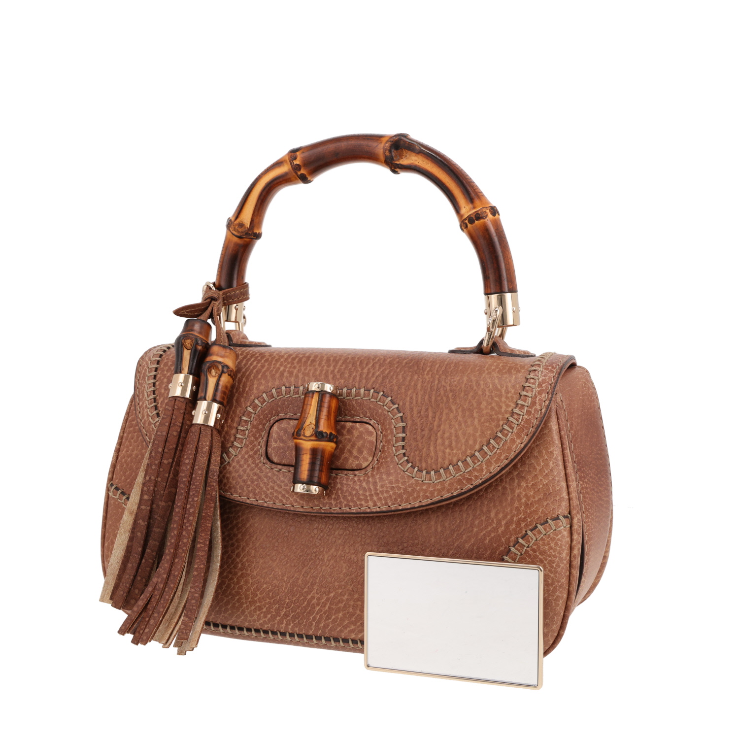 Sac à main Gucci  Bamboo en cuir grainé marron et bambou - Detail D4