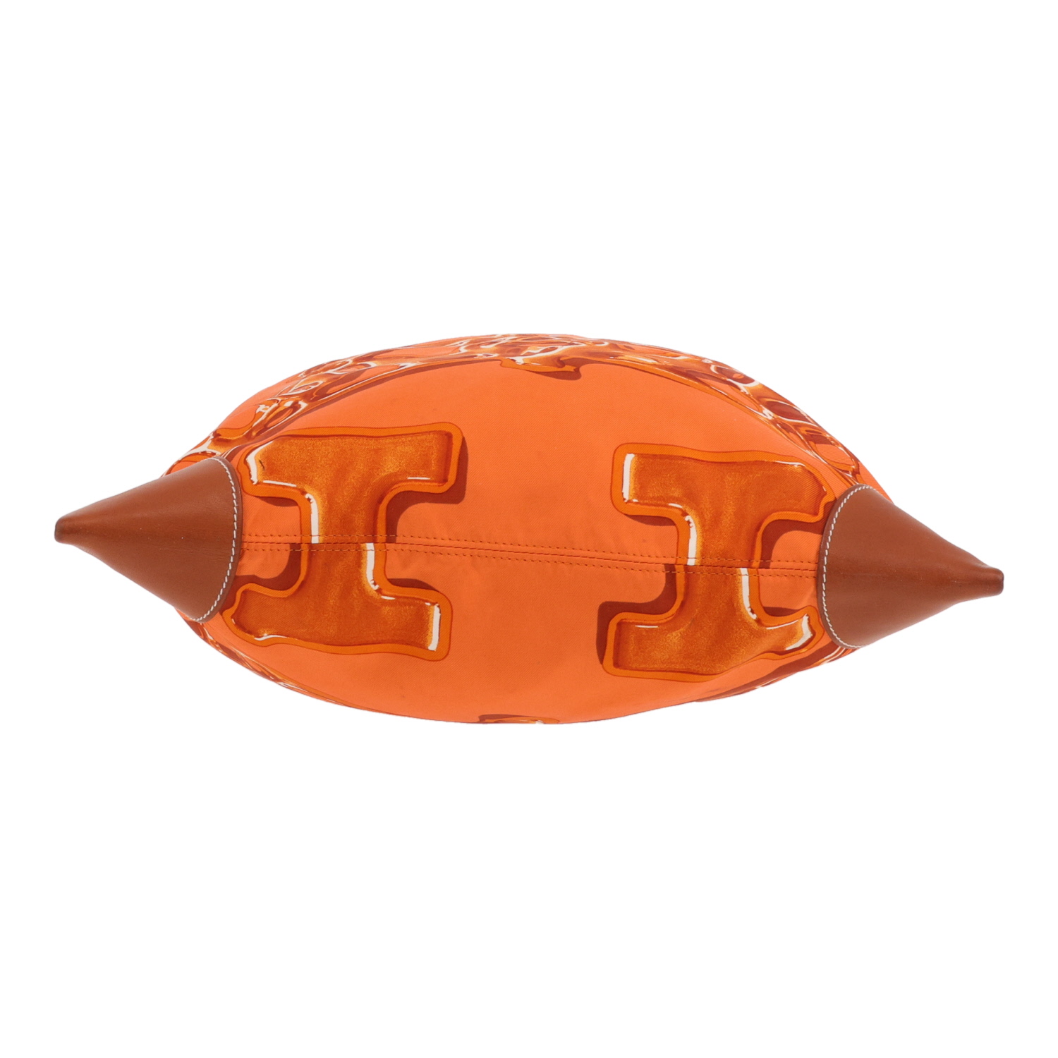 Sac bandoulière Hermès  Silk City en soie orange et cuir Barénia - Detail D1