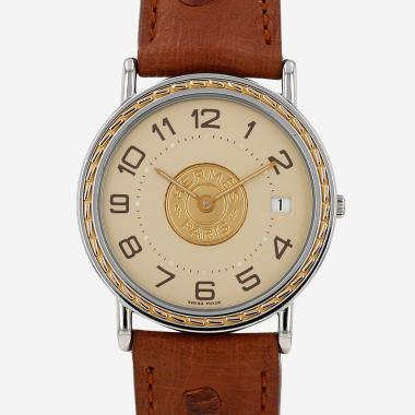 Montre Hermès Sellier en acier et plaqué or Ref: Hermès - 8203  Vers 2000