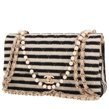 Sac à main Chanel  Timeless Classic en toile beige et noire et cuir beige