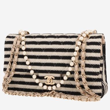 Sac à main Chanel  Timeless Classic en toile beige et noire et cuir beige