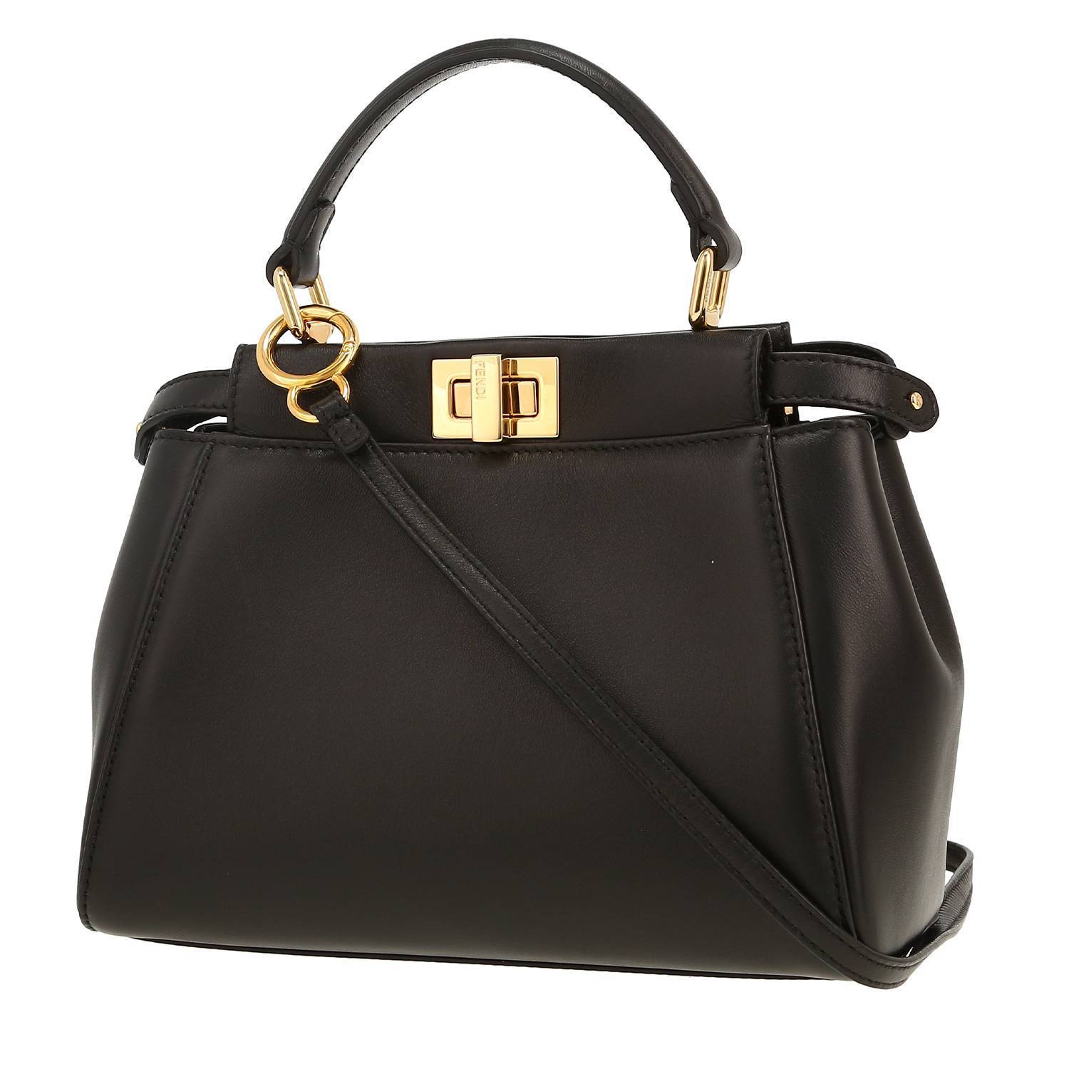 Fendi  Mini Peekaboo shoulder bag  in black and brown canvas and leather - Detail D4