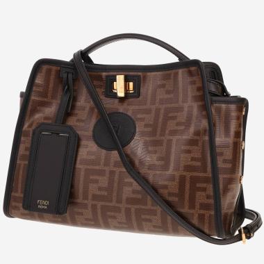 Sac bandoulière Fendi  Mini Peekaboo en toile et cuir noire et marron
