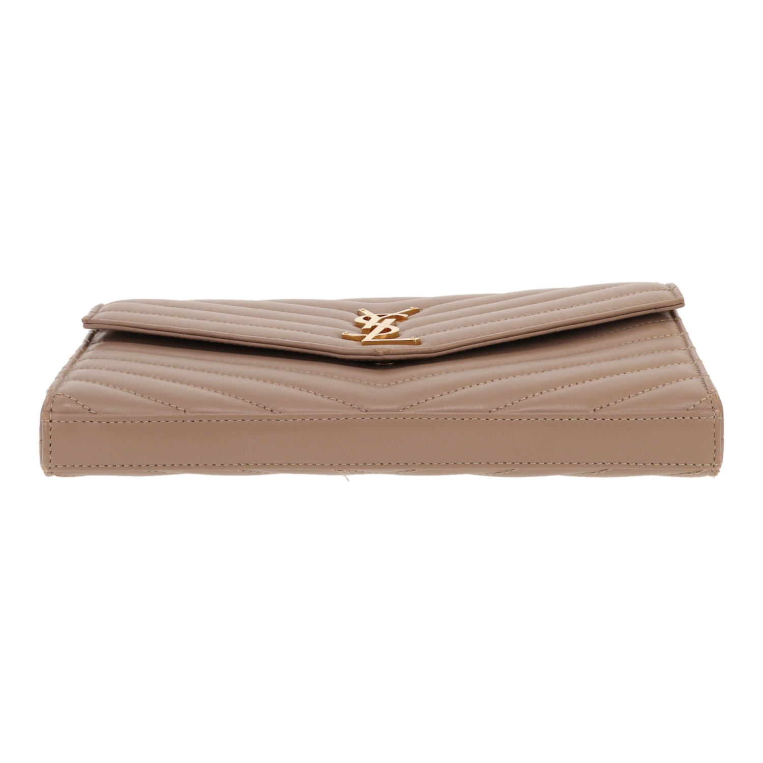 Borsa a tracolla Saint Laurent  Cassandre Envelope Chain Wallet in pelle trapuntata a zigzag color talpa - Detail D1