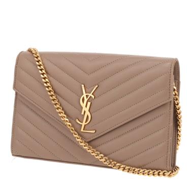 Sac bandoulière Saint Laurent  Cassandre Envelope Chain Wallet en cuir matelassé chevrons taupe