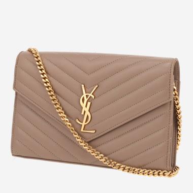 Sac bandoulière Saint Laurent  Cassandre Envelope Chain Wallet en cuir matelassé chevrons taupe