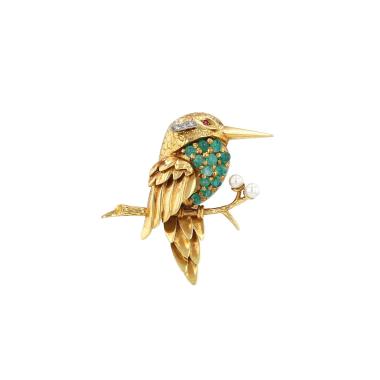 Broche vintage de oro amarillo, perlas de cultivo y esmeraldas