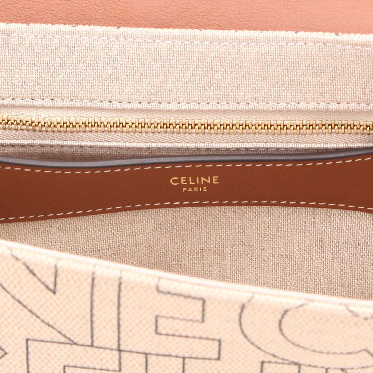 Celine  Soft Teen shoulder bag  in beige logo canvas  and brown leather - Detail D2