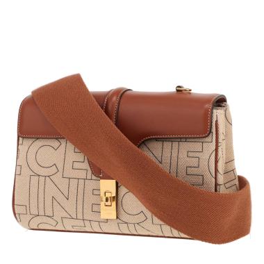 Celine  Soft Teen shoulder bag  in beige logo canvas  and brown leather