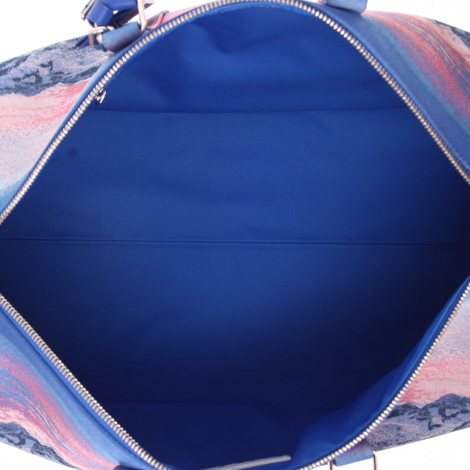 Louis Vuitton Keepall Limited Edition weekend bag in pink and blue embroidered fabric and blue leather - Detail D4