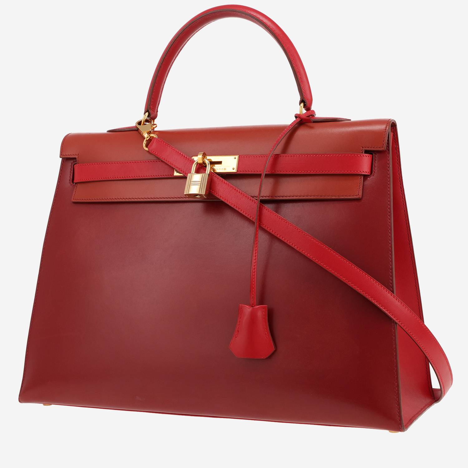 Sac à main Hermès  Kelly 35 cm en cuir box tricolore, bordeaux, rouge et orange