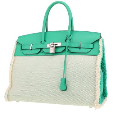 Borsa Hermès  Birkin 35 cm Fray Fray in tela vert Menthe e beige e pelle Swift vert Menthe
