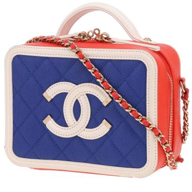 Bolso bandolera Chanel  Filigree Vanity Case en cuero granulado acolchado azul blanco y rojo