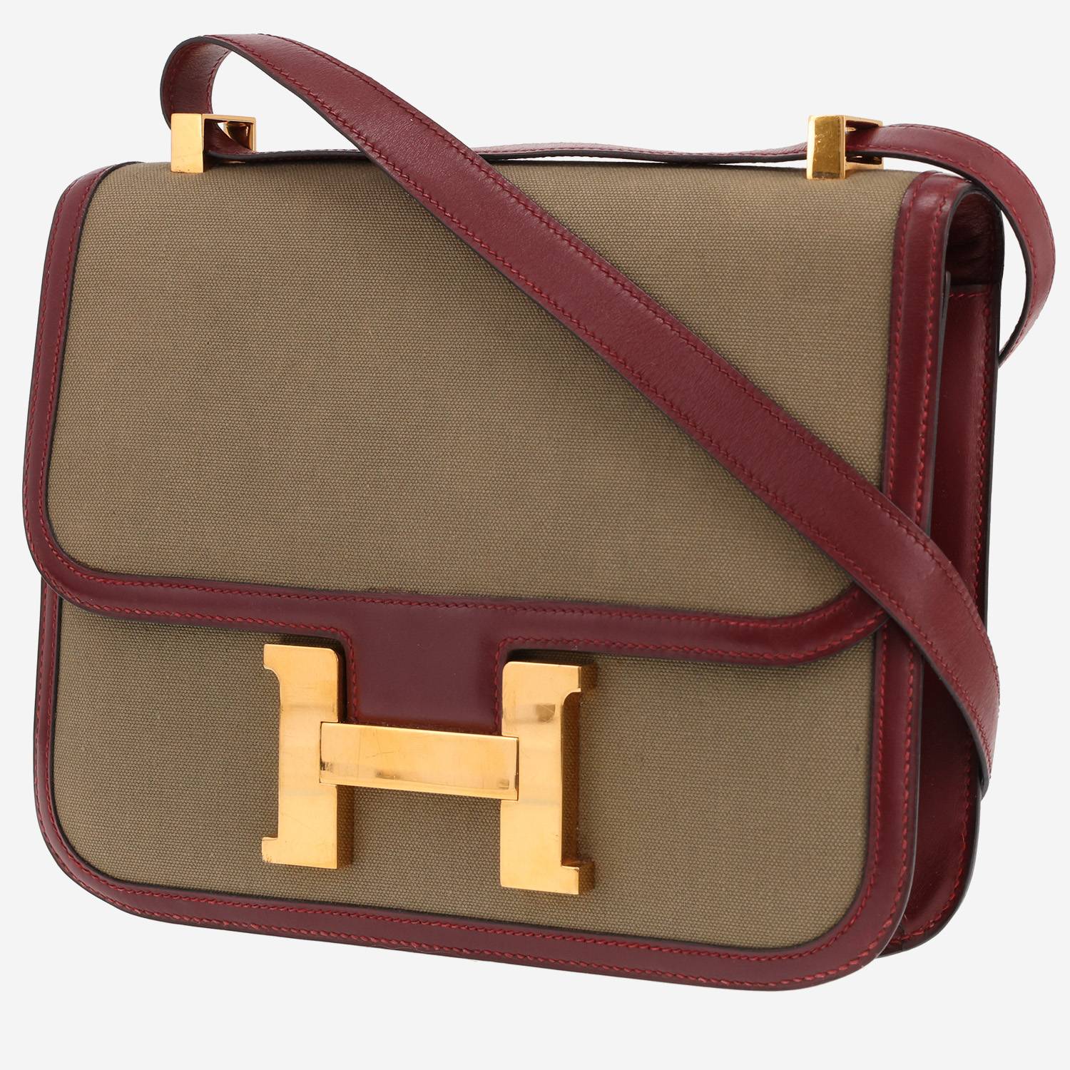 Hermès Constance handbag, 24 cm, in khaki-green canvas and Bordeaux leather