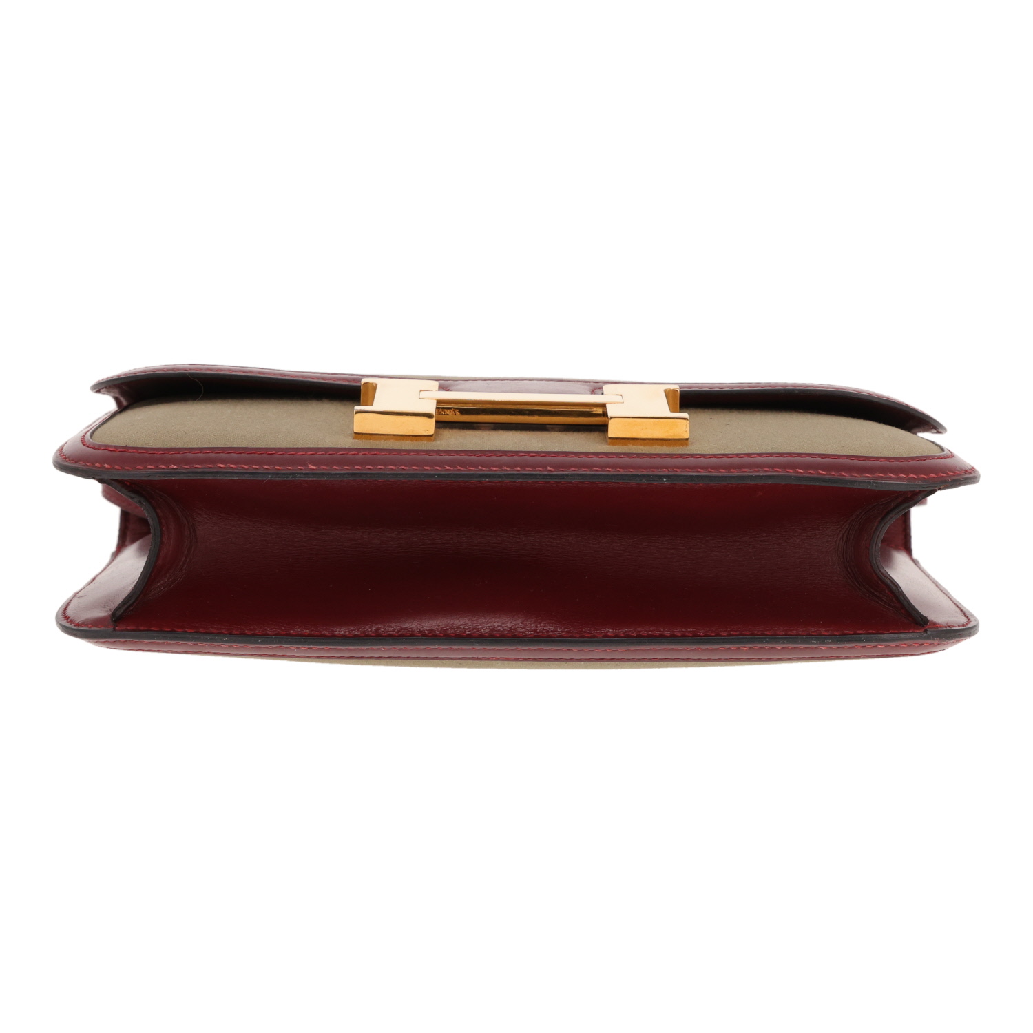 Bolso de mano Hermès «Constance» de 24 cm, de lona verde caqui y piel de Bordeaux - Detail D1