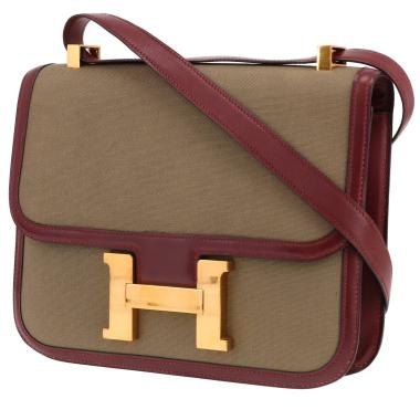 Borsa Hermès Constance da 24 cm in tela verde-kaki e pelle Bordeaux