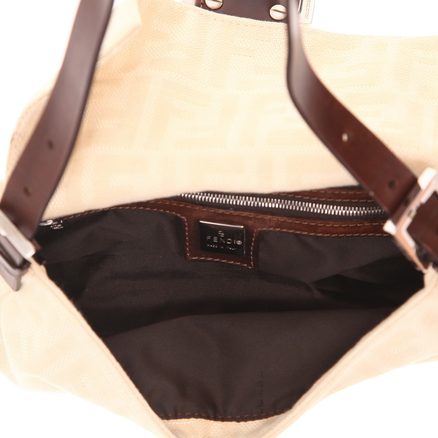 Borsa Fendi Baguette in tela monogramma color crema e pelle marrone - Detail D3