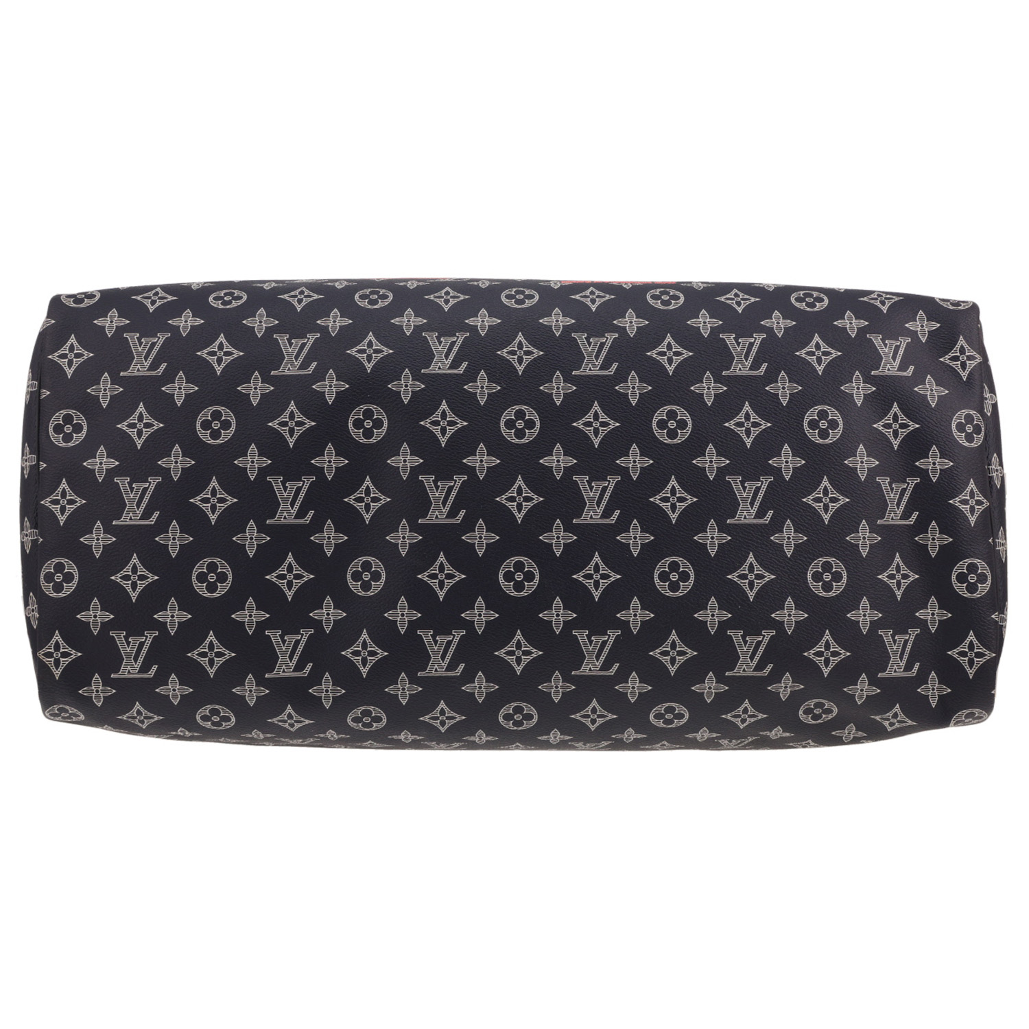 Louis Vuitton  Keepall Editions Limitées Upside Down travel bag  in blue, white and red monogram canvas  and blue leather - Detail D1