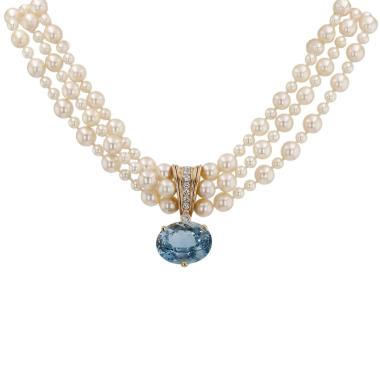 Collier Poiray en or jaune, topaze bleue, diamants et perles de culture