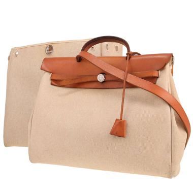 Sac porté épaule ou main Hermès  Herbag en toile beige et vache Hunter