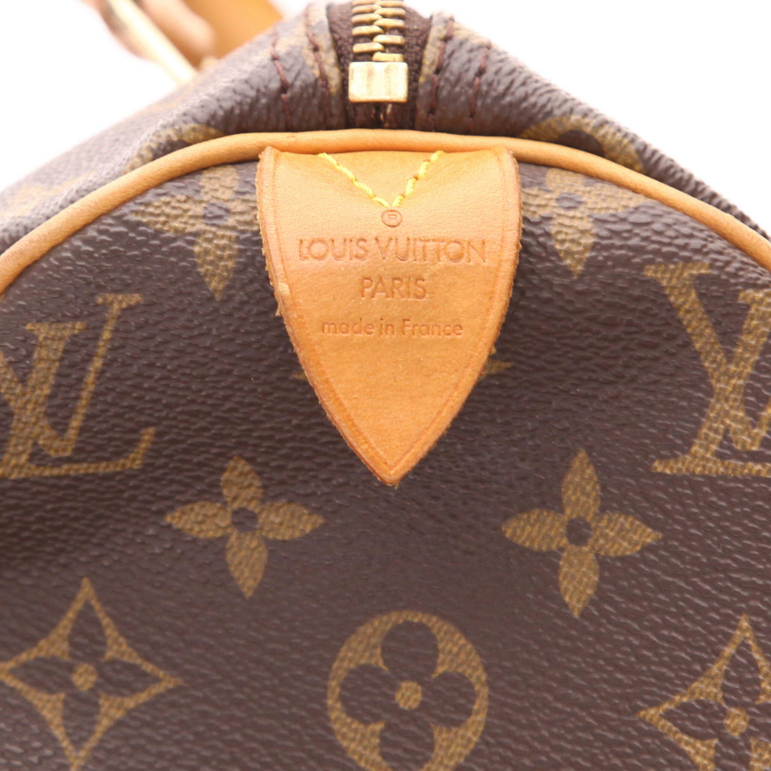 Bolso Louis Vuitton Speedy 30 de lona Monogram marrón y piel natural - Detail D2